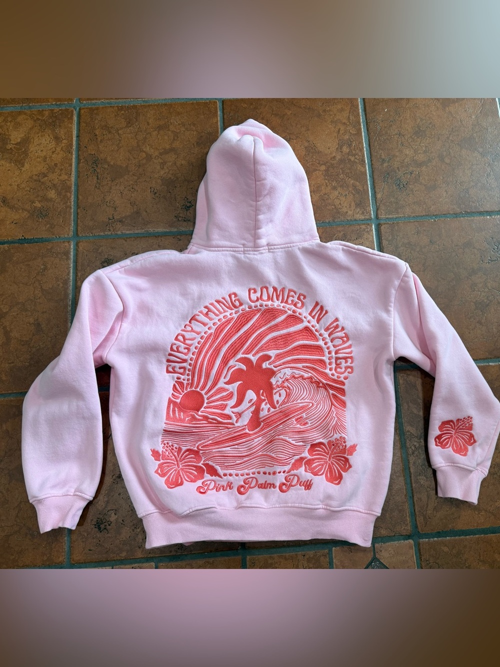 Pink Palm Puff Pink Embroidered “Everything Comes In Waves” Sweatshirt Size XS